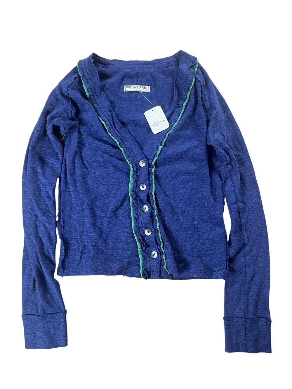 We The Free Button-Up Womens M Blue Cropped V-Neck Ruffle Lightweight Casual
